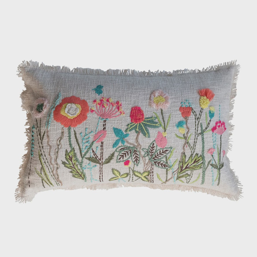 Pillow Floral w/Embroidery Slub Lumbar